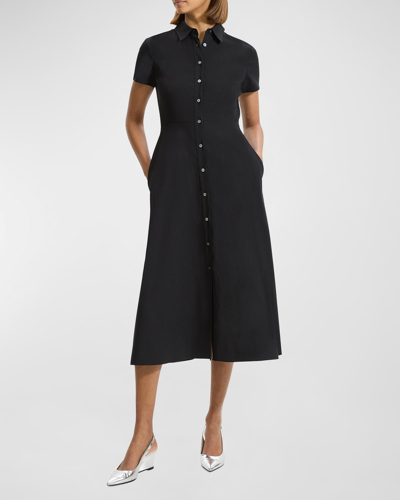 Shop Theory Good Linen Short-sleeve Button-front Midi Shirt Dress In Black