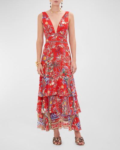 Shop Camilla Floral Silk Tiered Tie-back Ruffle-hem Dress In The Summer Palace