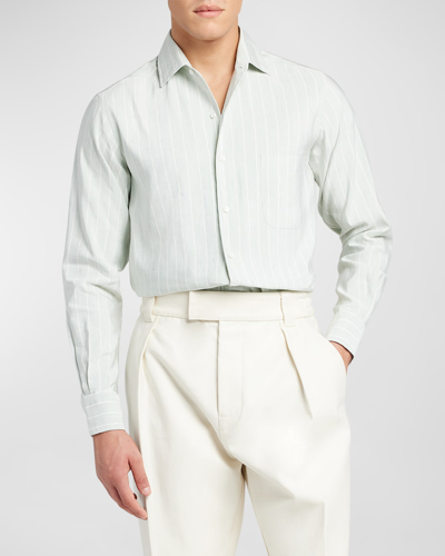Shop Loro Piana Men's Andre Linen-silk Pinstripe Sport Shirt In Green