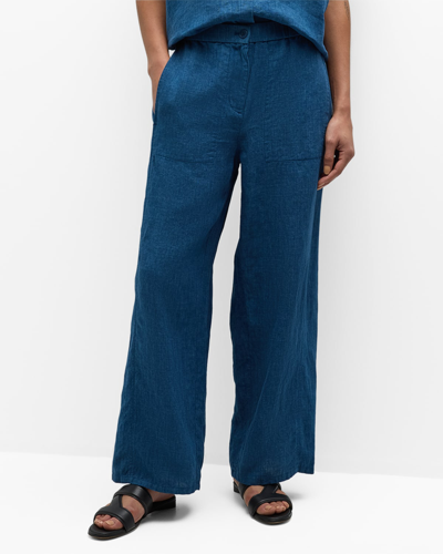 Shop Eileen Fisher Cropped Wide-leg Organic Linen Pants In Atlantis