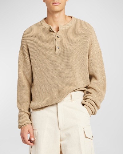 Shop Loro Piana Men's Serafino Cotton 3-button Crewneck Sweater In Rammed Beige