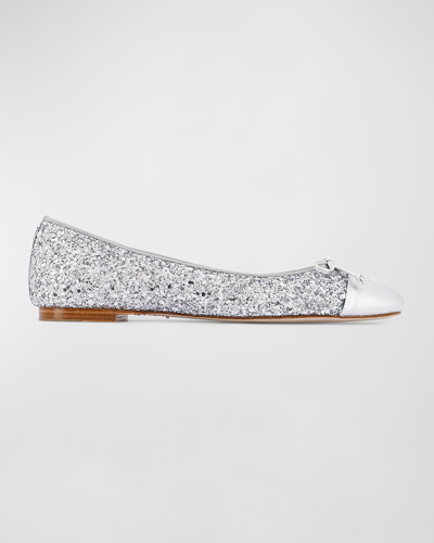 Shop Sophia Webster Pirouette Glitter Bow Ballerina Flats In Silver Glitter