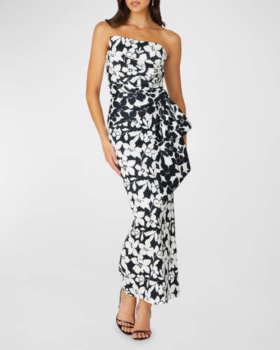 Shop Shoshanna Ana Strapless Draped Floral-print Column Gown In Jetwhite