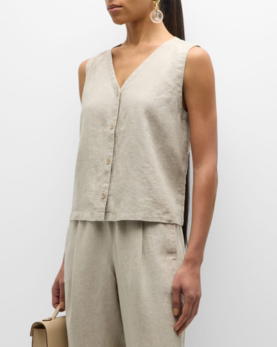 Shop Eileen Fisher V-neck Button-down Organic Linen Vest In Undyed Natural