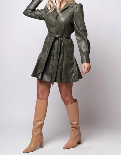 Shop Dolce Cabo Puff Shoulder Belted Dress In Army In Green