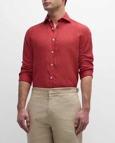 Shop Canali Men's Linen Casual Button-down Shirt In Red