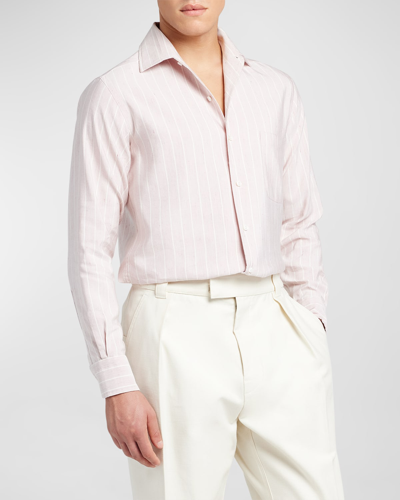 Shop Loro Piana Men's Andre Linen-silk Pinstripe Sport Shirt In Purple