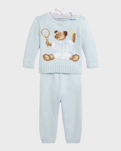 Shop Ralph Lauren Boy's Tennis Bear Sweater And Pants Set In Beryl Blue