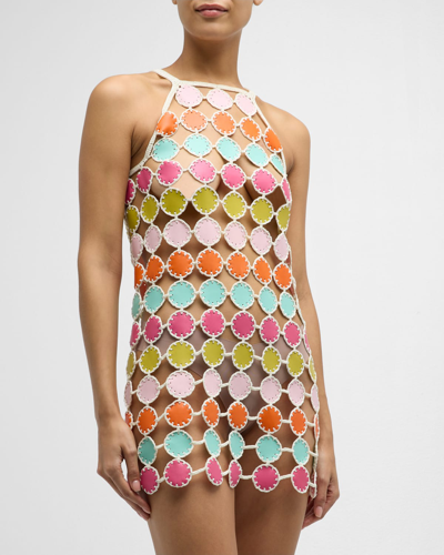 Shop My Beachy Side Hand Crochet Mini Dress With Faux Leather Scoop Motifs In Multi