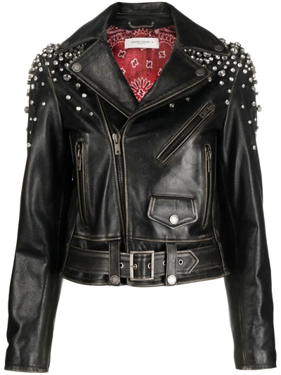 Shop Golden Goose `golden` Leather Jacket With Crystals Stones In Black  