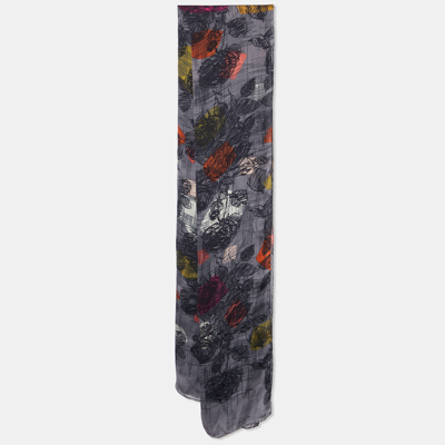Pre-owned Kenzo Grey Floral Scribble Print Silk Stole