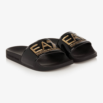 Shop Ea7 Emporio Armani Teen Black & Gold Sliders