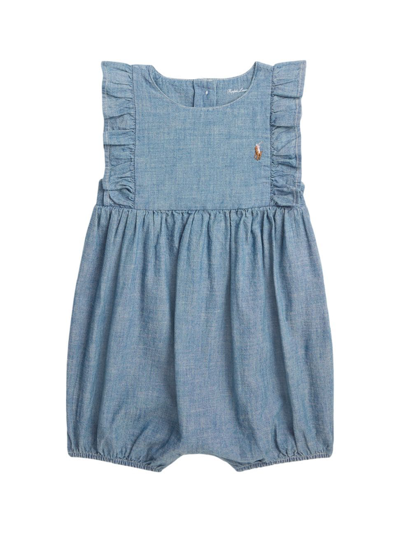 Shop Polo Ralph Lauren Baby Girl's Chambray Ruffle-trimmed Romper In Light Vintage Wash