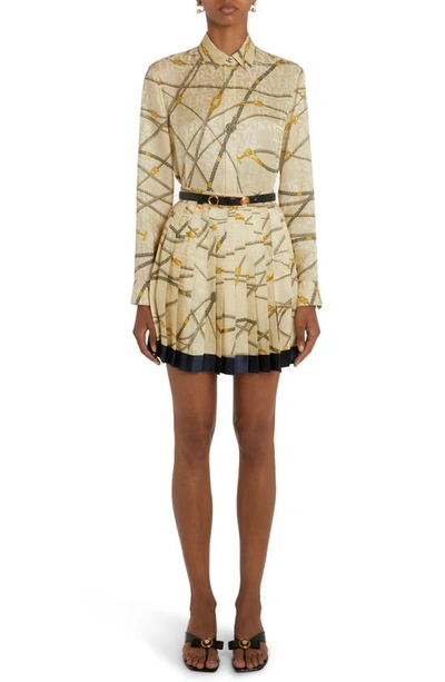 Shop Versace Rope Logo Print Pleated Satin Miniskirt In Sand/ Gold