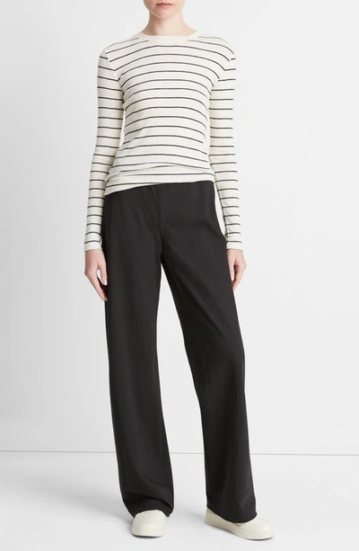 Shop Vince Stripe Long Sleeve Cotton & Modal Crewneck Top In Black Combo