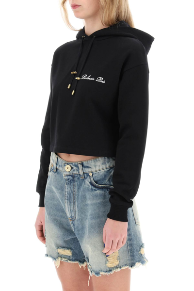 Shop Balmain Cropped Hoodie With Logo Embroidery