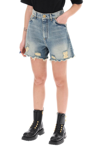 Shop Balmain Distressed Denim Shorts