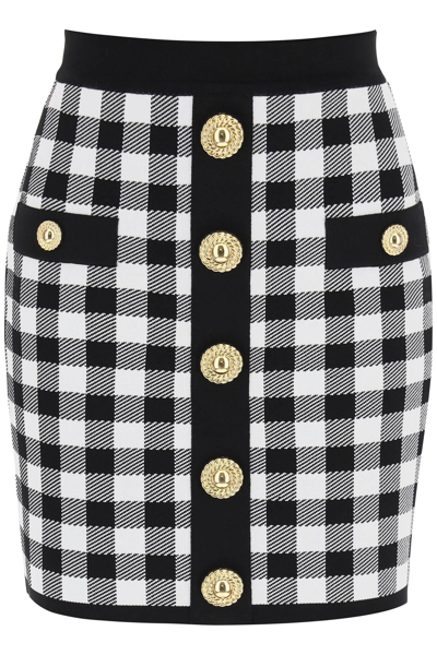 Shop Balmain Gingham Knit Mini Skirt With Embossed Buttons