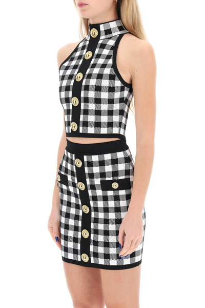 Shop Balmain Gingham Knit Cropped Top With Embossed Buttons