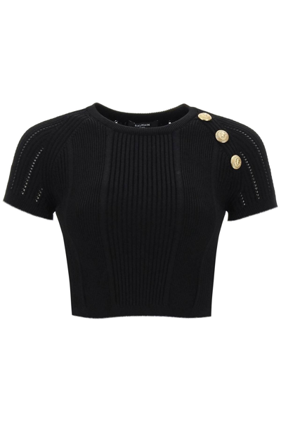 Shop Balmain Knitted Cropped Top With Embossed Buttons