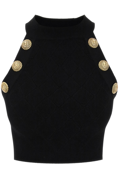 Shop Balmain Knitted Cropped Top With Embossed Buttons