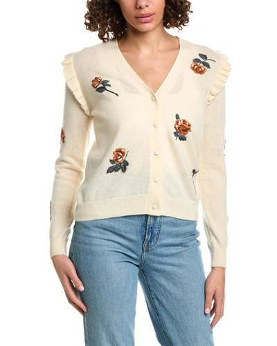 Shop Minnie Rose Embroidered Flower Ruffled Cashmere Cardigan In Beige