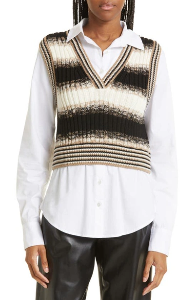 Shop Veronica Beard Spear Mixed Media Stripe Wool Vest & Cotton-blend Shirt In Black Multi