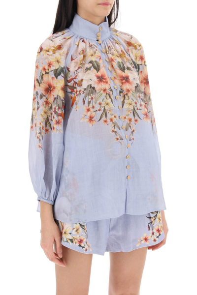 Shop Zimmermann Lexi Billow Shirt With Floral Motif In Light Blue