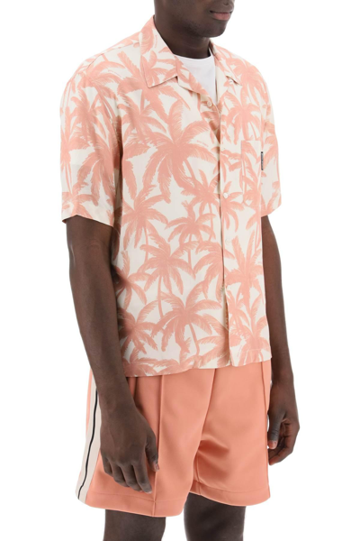 Shop Palm Angels Bowling Shirt With Palms Motif In Pink,white