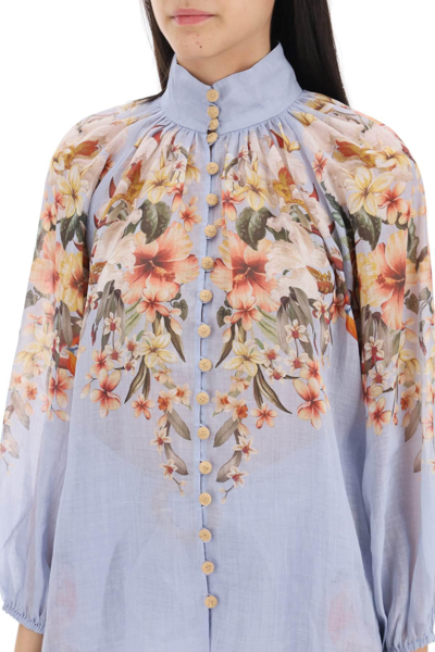 Shop Zimmermann Lexi Billow Shirt With Floral Motif In Light Blue