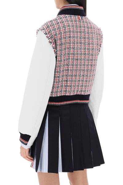 Shop Thom Browne Tweed Bomber Jacket With Leather Sleeves In White,blue,red