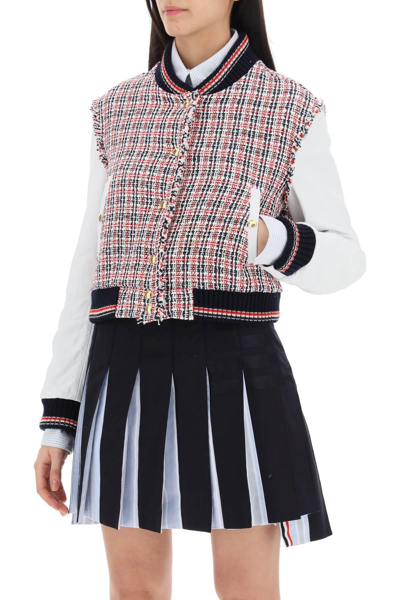 Shop Thom Browne Tweed Bomber Jacket With Leather Sleeves In White,blue,red