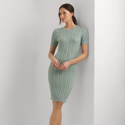 Shop Lauren Petite Cable-knit Short-sleeve Sweater Dress In Soft Laurel