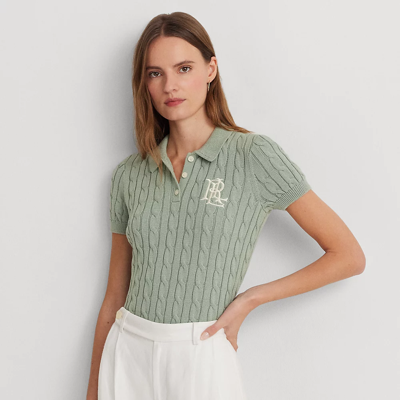 Shop Lauren Ralph Lauren Cable-knit Cotton Polo Sweater In Soft Laurel