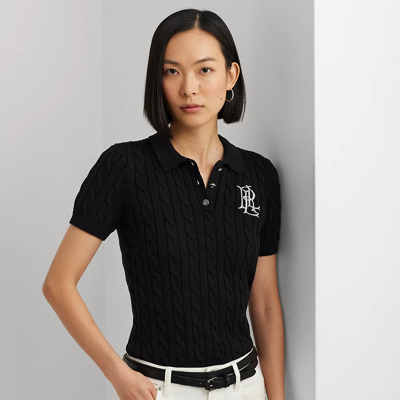 Ralph Lauren Petite Cable-knit Polo Sweater In Black