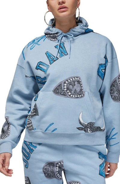 Shop Jordan Brooklyn Print Fleece Hoodie In Blue Grey/ Sail
