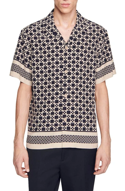 Shop Sandro Cross Print Camp Shirt In Black - Mastic