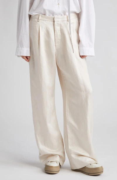 Shop R13 Pleated Linen Blend Wide Leg Trousers In Oyster
