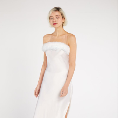 Shop Maguy De Chadirac Floor-length Silk Slip Dress With Faux Fur Trim In White