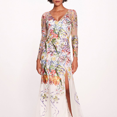 Shop Marchesa Notte Ribbons Long Sleeve Gown In White
