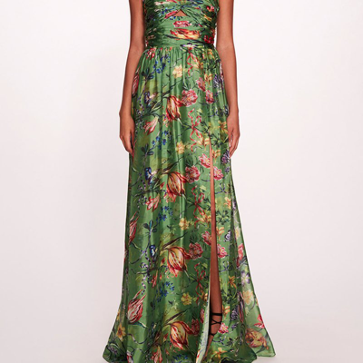 Shop Marchesa Notte Ribbons Cape Gown In Green