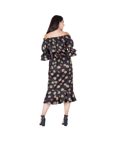Shop Standards & Practices Women's Floral Print Off-shoulder High-end Satin Midi Dress In Black Sparkler