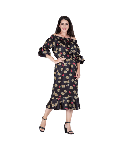 Shop Standards & Practices Women's Floral Print Off-shoulder High-end Satin Midi Dress In Black Sparkler