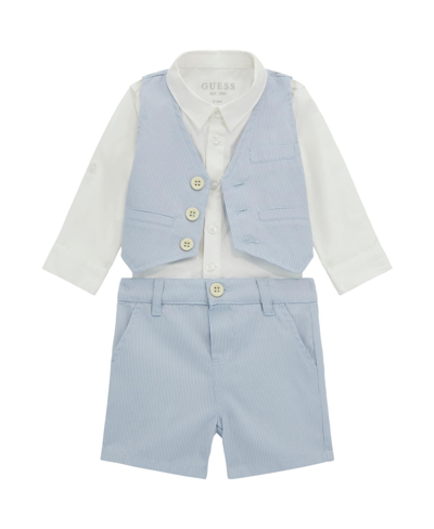 Shop Guess Baby Boys Woven Shorts, Shirt And Vest, 3 Piece Set In Blue