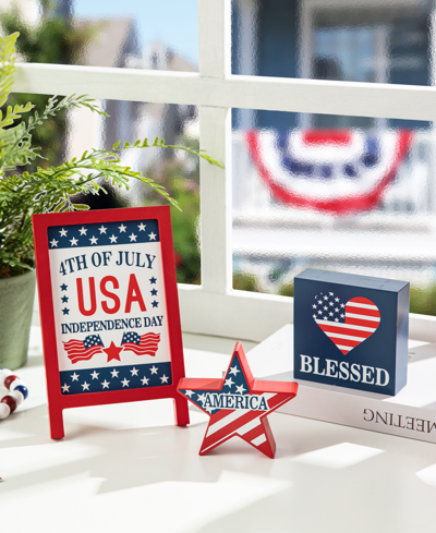 Glitzhome Set Of 3 Patriotic, Americana Wooden Block Table Sign In Multi