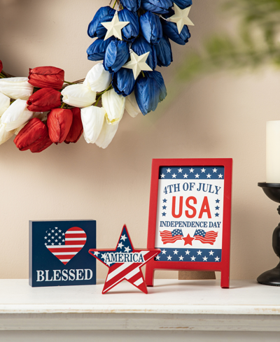 Glitzhome Set Of 3 Patriotic, Americana Wooden Block Table Sign In Multi