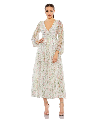 Shop Mac Duggal Women's Embellished Floral Print Faux Wrap A Line Dress In White Multi
