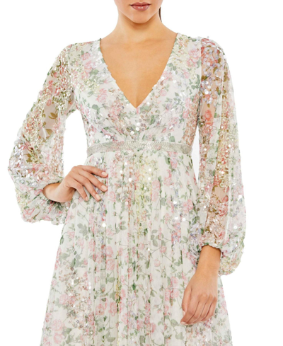 Shop Mac Duggal Women's Embellished Floral Print Faux Wrap A Line Dress In White Multi