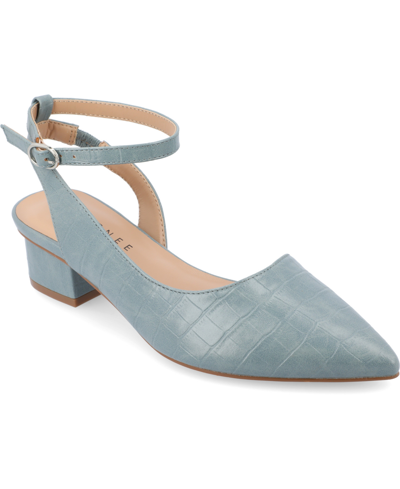 Shop Journee Collection Women's Keefa Ankle Strap Flats In Blue Faux Leather- Polyurethane