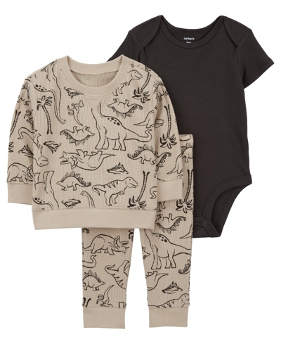 Shop Carter's Baby Boys Dinosaur Print Little Pullover, Bodysuit And Pants, 3 Piece Set In Brown